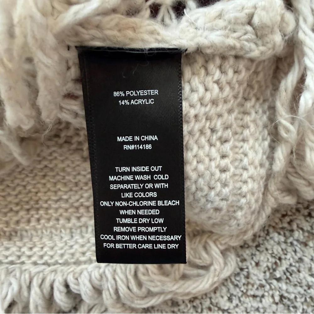 Frye Oatmeal Heather Knit Fringe Sweater | Boho Chunky Textured Pullover Large - Picture 8 of 11